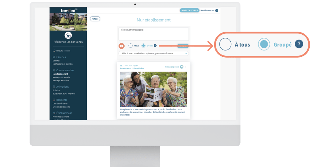Ecran de l'inteface Famileo Pro présentant les messages groupés