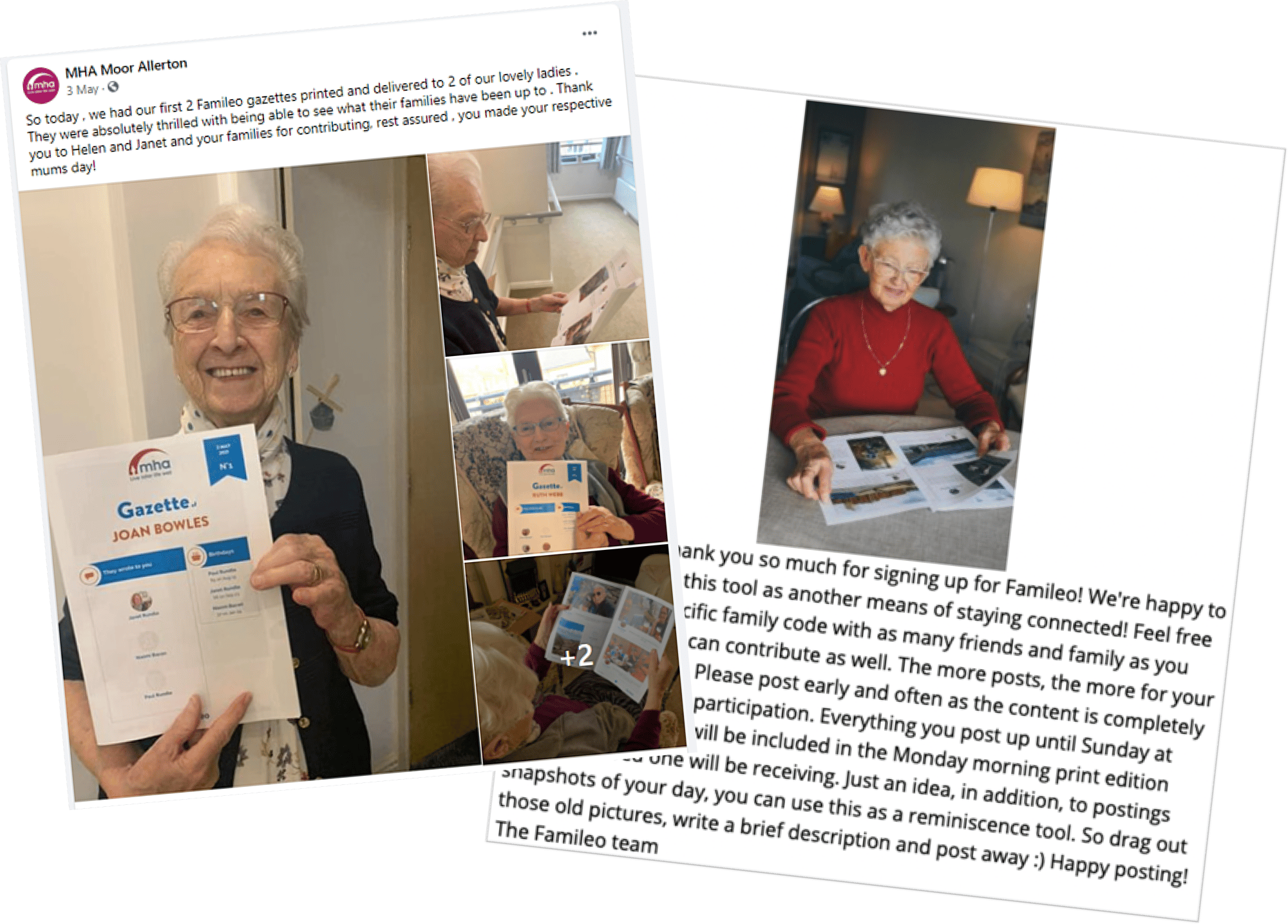 Exemples of Facebook posts of residents and their gazettes Famileo Pro 