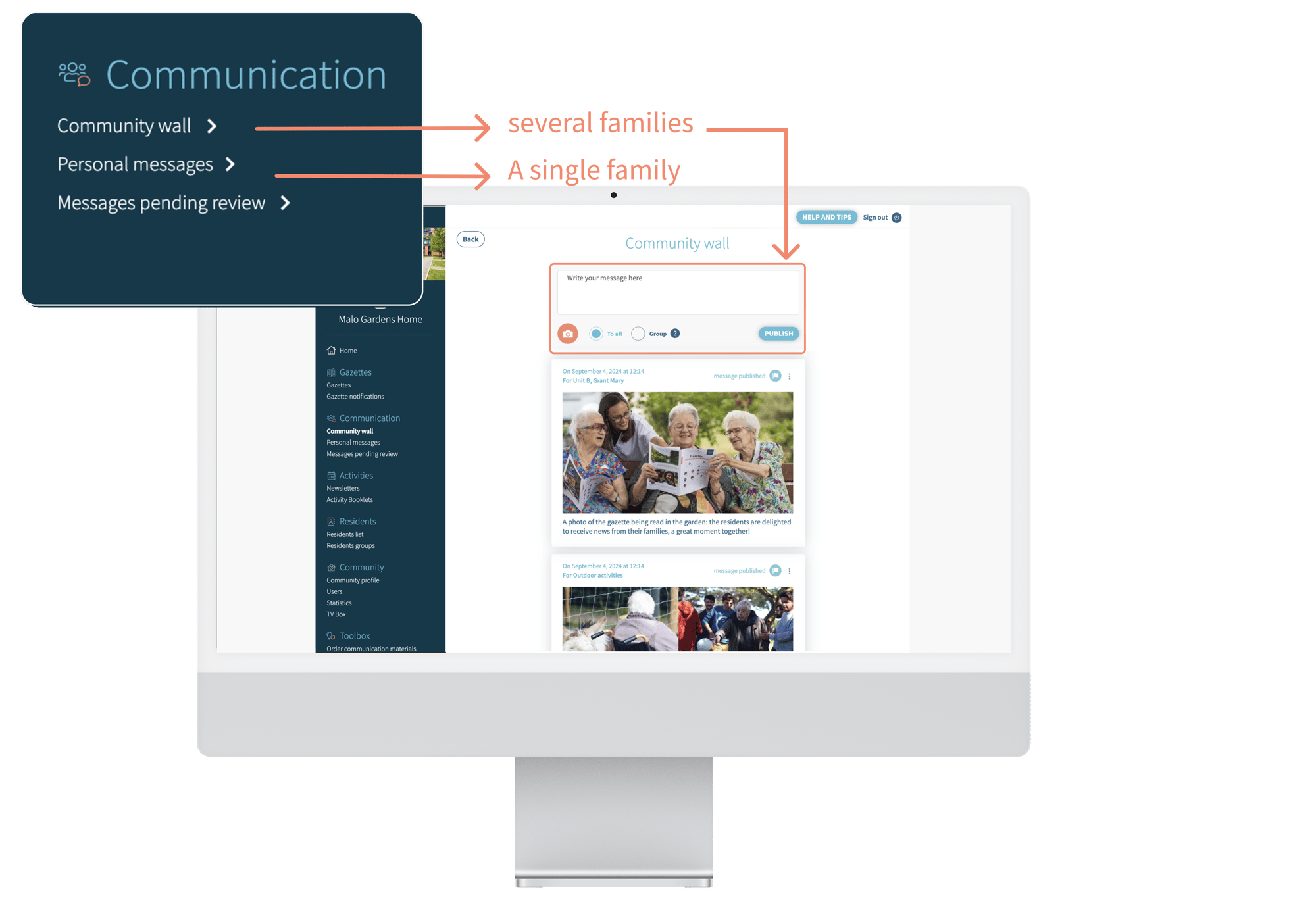 Presentation of the 'communication' section in Famileo Pro